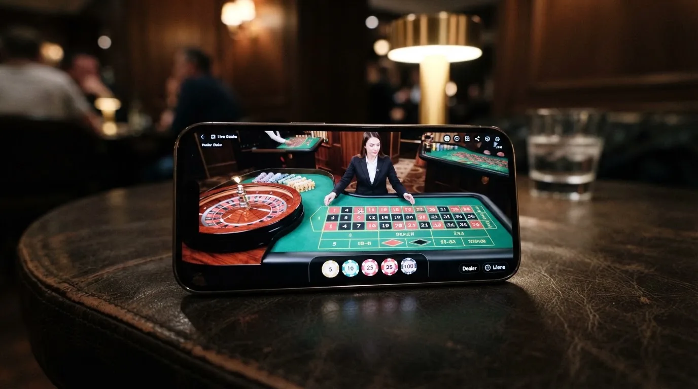 Un teléfono en horizontal mostrando una mesa de ruleta en vivo con un crupier real visible en streaming, el tapete con las casillas de apuesta y las fichas digitales en la zona inferior