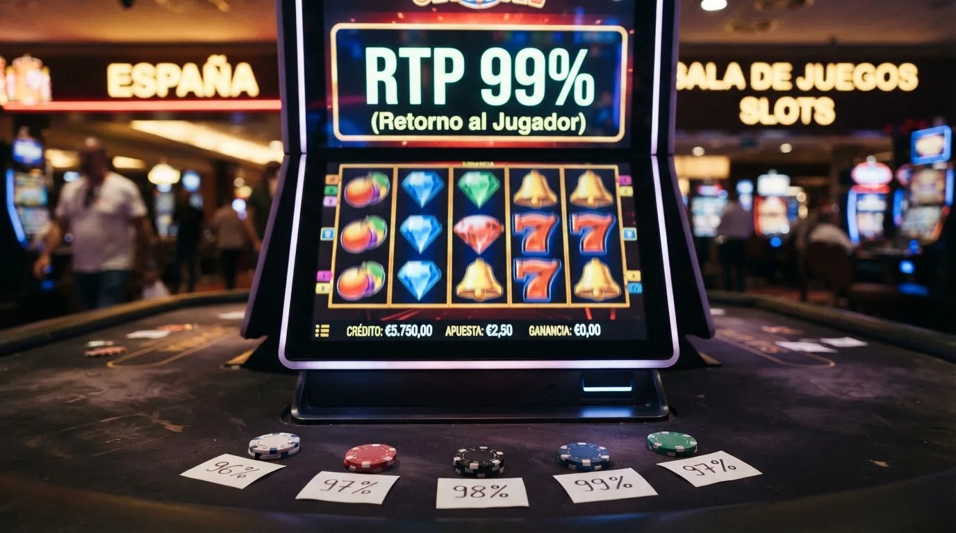 Primer plano de una pantalla de slot con el marcador de RTP visible al 99 %, rodeada de fichas de póker con porcentajes anotados del 96 % al 99 %