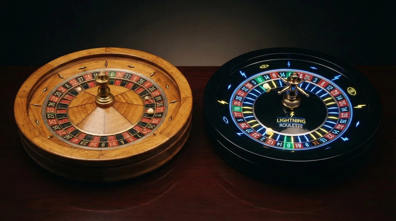 Dos cilindros de ruleta yuxtapuestos: uno clásico de madera con números tradiconales y otro digital con efectos de rayo sobre números relámpago iluminados