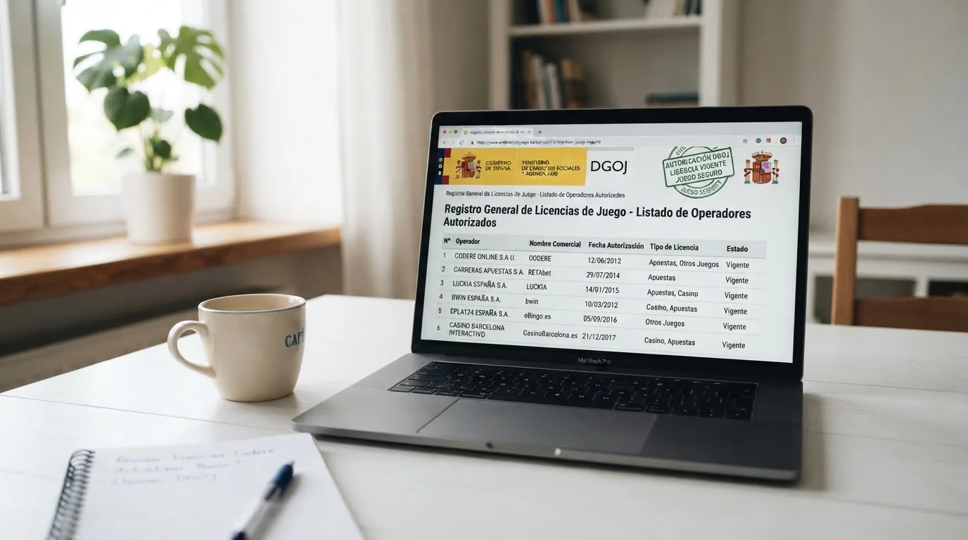 Una captura parcial de la lista pública de operadores con licencia de la DGOJ en ordenacionjuego.es, con el dominio .es y el logo de juego autorizado visibles